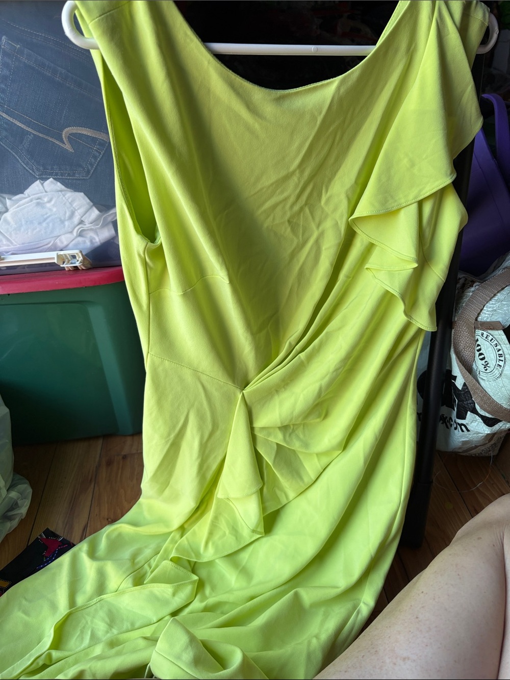 Joseph Ribkoff Lime Green One-Shoulder Ruffle Dress